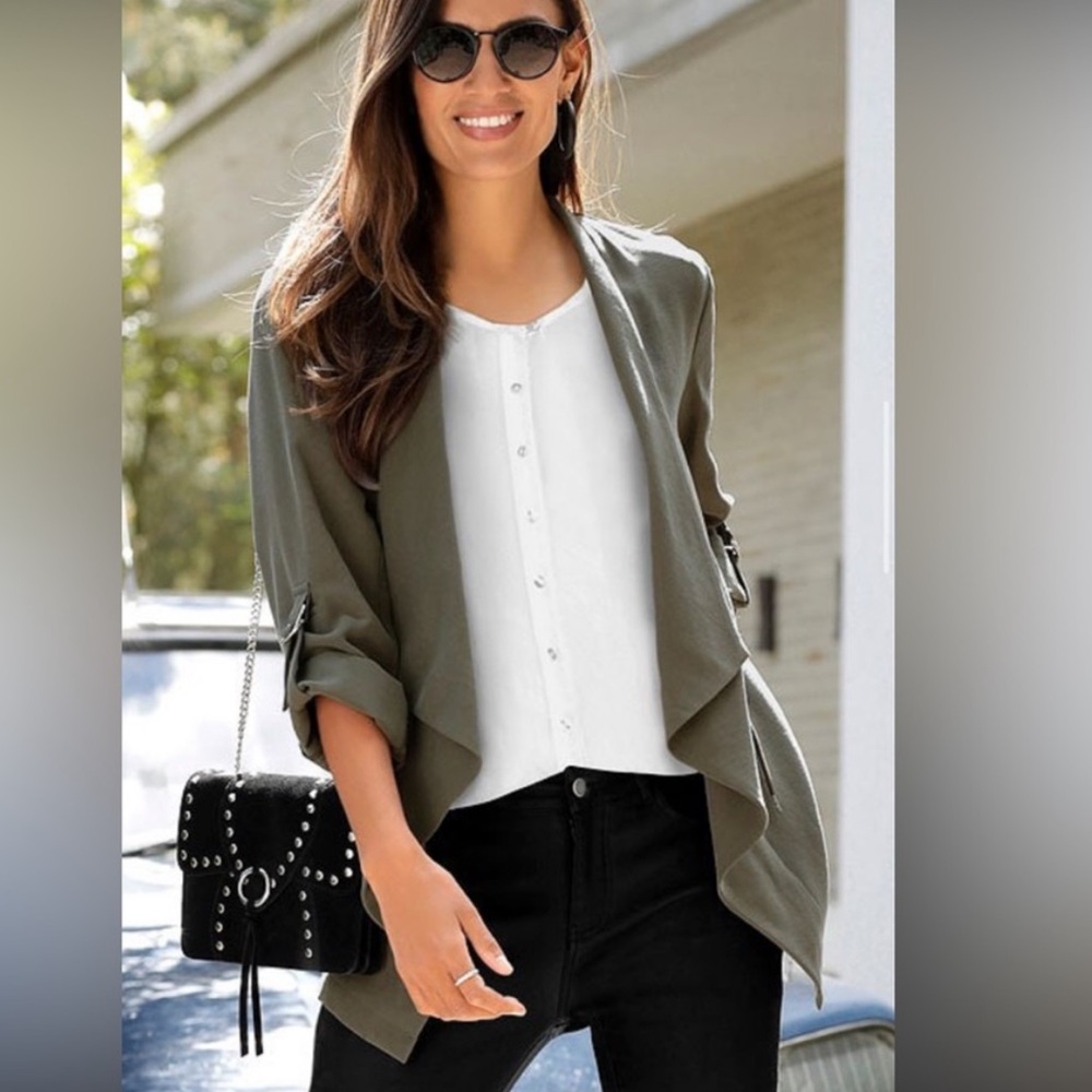 Zara olive green Jacket draped collar drawstring  waist roll-tab sleeve small
